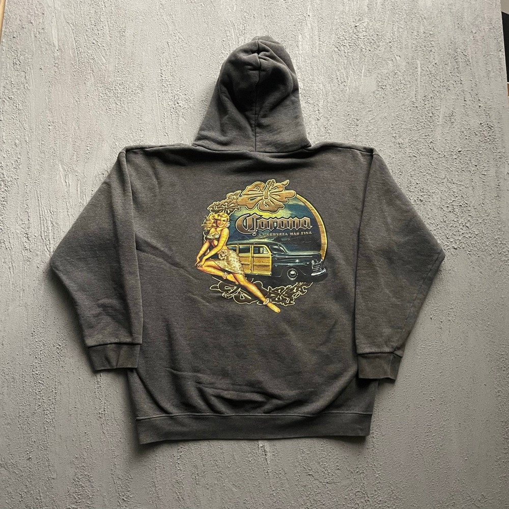 Vintage Alstyle Corona Hoodie Mens Large Charcoal 90s Pin Up Girl Car Graphic